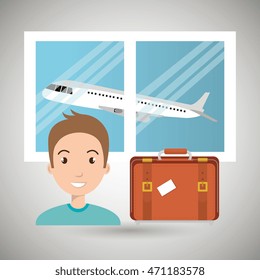 man suitcase airplane window vector illustration design