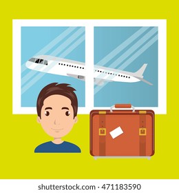 man suitcase airplane window vector illustration design