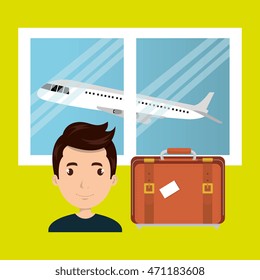 man suitcase airplane window vector illustration design