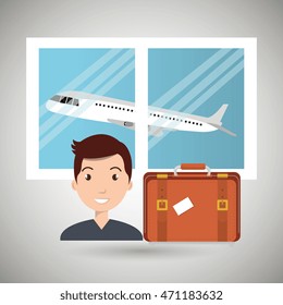 man suitcase airplane window vector illustration design