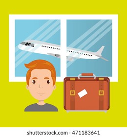 man suitcase airplane window vector illustration design