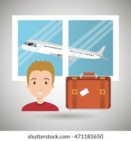 man suitcase airplane window vector illustration design