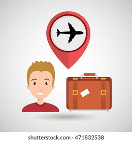 man suitcase airplane window vector illustration design