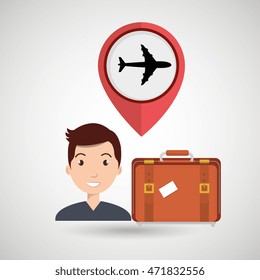 man suitcase airplane window vector illustration design