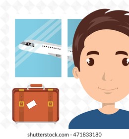 man suitcase airplane window vector illustration design