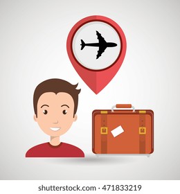 man suitcase airplane window vector illustration design