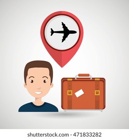 man suitcase airplane window vector illustration design