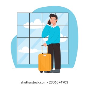 Man with a suitcase at the airport is talking on the phone. Goes on a flight to go on a journey. Vector graphic.