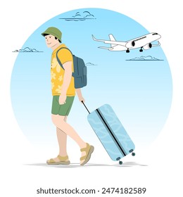 Man with suitcase and backpack goes to the airport. Travel concept. Fly away on vacation. Isolated stylized illustration. Aircraft and clouds on background.
