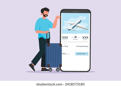 Man with a suitcase booked plane tickets on his phone. Traveling with bag or suitcase concept. Colored flat vector illustration isolated.