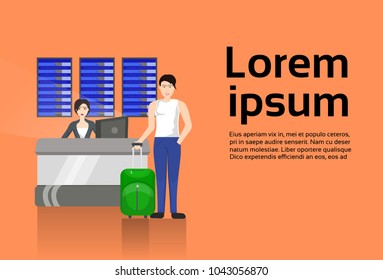 Man With Suitcase Buy Air Ticket At Airport Counter Template Background With Copy Space Flat Vector Illustration