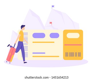 Man with suitcase buy or booking airplane ticket. Metaphor planning vacation, adventure, travel trip to mountain climbing route. Tourism banner. Tourist Tour design poster. People vector illustration