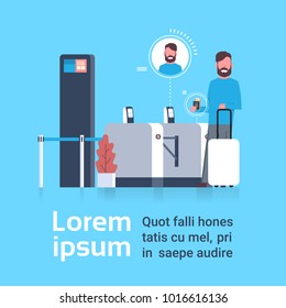 Man With Suitcase Checking In At Airport Passing Through Security Scanner For Registration Flat Vector Illustration