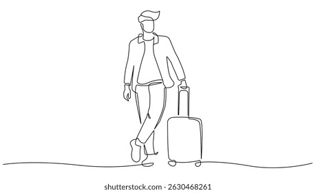 Man with Suitcase Continuous One Line Drawing. Travel Concept Line Art Vector Illustration in simple Minimalist Style. Man Tourist with Baggage One Line Drawing. Not AI