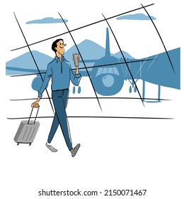 Man with suitcase and cup of coffee in airport. Vector illustration eps 10 on white background