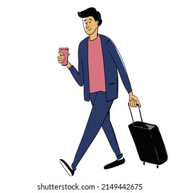 Man with suitcase and cup of coffee walking. Vector illustration eps 10 on white background