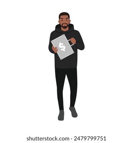 Man with suitcase full of money. Flat vector illustration isolated on white background