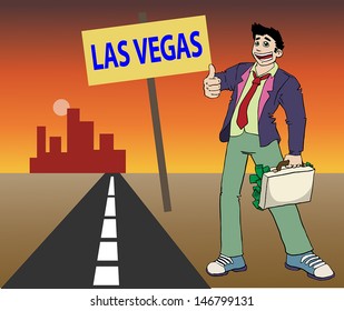 Man with suitcase full of money going to Las Vegas vector illustration