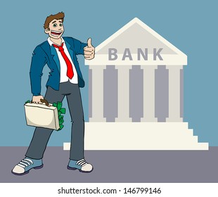 Man with suitcase full of money going to bank vector illustration