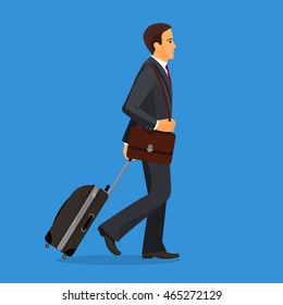 Man with suitcase is going in airport terminal. Colorful vector flat illustration.