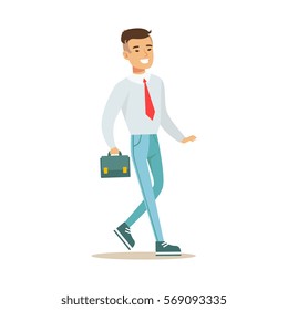 Man With Suitcase Going To Work, Part Of Office Workers Series Of Cartoon Characters In Official Clothing