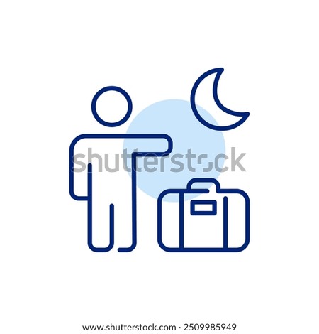 Man with suitcase hailing a taxi at the airport after a night flight. Pixel perfect, editable stroke icon