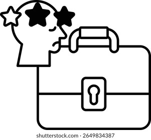 A man with a suitcase and a head with stars on it. The suitcase is open and the man is looking at it