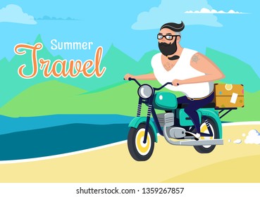 Man with suitcase, Hipster traveller riding on vintage motorcycle on mountains, sea. Concept of discovery, journey, adventure tourism and travel.Summer vacation.Vector illustration for poster, card