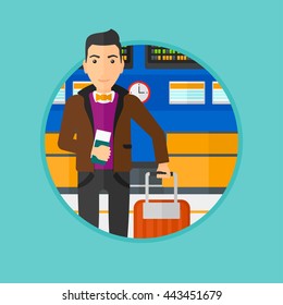 Man with suitcase holding a passport with ticket at the airport. Man standing at the airport in front of the departure board. Vector flat design illustration in the circle isolated on background.