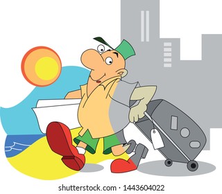 man with a suitcase in a hurry to go on vacation