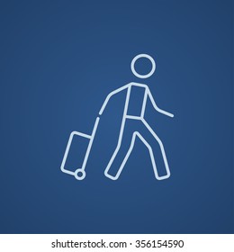 Man with suitcase line icon for web, mobile and infographics. Vector light blue icon isolated on blue background.