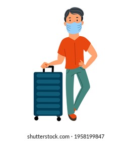 a man with a suitcase in a mask is waiting for his transport, a plane.