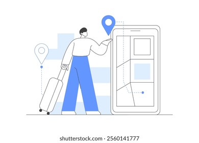 Man with suitcase. Mobile GPS navigation and tracking. Holding smartphone with city map path and location mark on the screen. Flat Cartoon Vector Illustration, icon. Stylish abstract Blue 