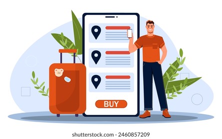 A man with a suitcase next to a large smartphone depicting travel booking options on a light blue background, concept of online travel booking. Flat vector illustration.