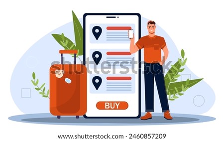 A man with a suitcase next to a large smartphone depicting travel booking options on a light blue background, concept of online travel booking. Flat vector illustration.