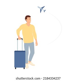 Man  with suitcase on the background of airplane in the flight. Flat vector illustration.