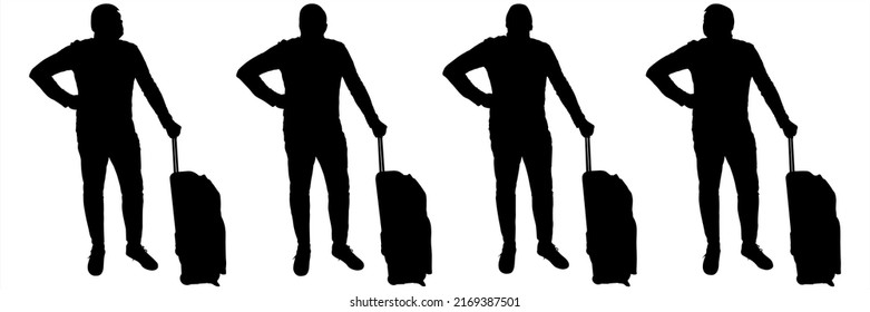 A man with a suitcase on wheels. Front view, full face. The guy holds his hand on the handle of his luggage, the other hand is on his belt. Waiting posture. Four black male silhouettes isolated