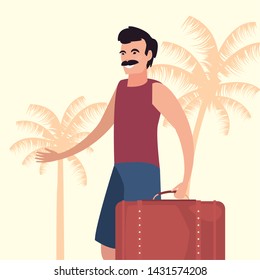 man with suitcase palm tree background summer time
