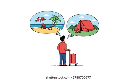 Man with suitcase planning his next vacation while dreaming of a relaxing beach trip or a camping adventure in nature.