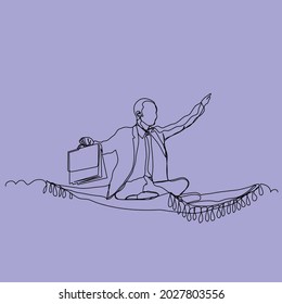 hombre con alfombra para montar en maleta en una ilustración vectorial de línea