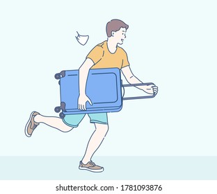 Man with suitcase running to vacation travel, Travel concept. Hand drawn in thin line style, vector illustrations.(A Mask can be removable)