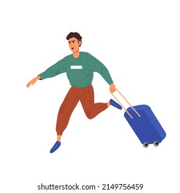 A man with a suitcase runs from the bombing. Panic. Banner, poster. Military operations in Ukraine. The concept of the threat of war. Vector flat style. Isolated.