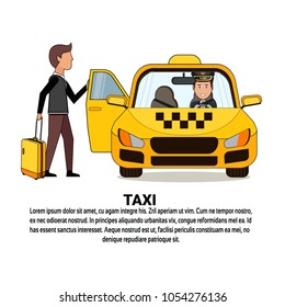Hombre Con Maleta Sentado En Un Icono De Servicio De Taxi De Coche Amarillo Sobre El Fondo Con Espacio De Copia