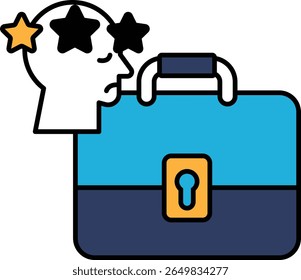 A man with a suitcase and a star on his head. The suitcase is blue and has a lock on it