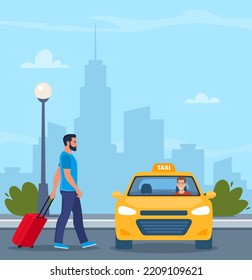 Man with a suitcase take taxi. Urban background. Yellow Taxi Car, front view. Taxi with smiling man driver. Flat vector illustration