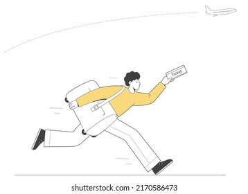 Hombre con maleta y boletos corriendo, corriendo, corriendo hasta tarde por el avión.  Persona tratando de conseguir su vuelo. ilustración de esquema	