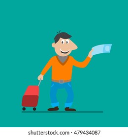 man with a suitcase and a ticket. vector illustration of cartoon