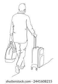 Man with suitcase and travel bag walking. Rear view. Continuous line drawing. Black and white vector illustration in line art style.