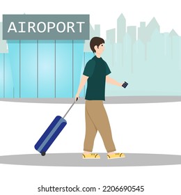 A man with a suitcase is traveling. Airport building. Vector illustration isolated on white background. For advertising, booklets and brochures, flyers, postcards, web pages and social networks, other