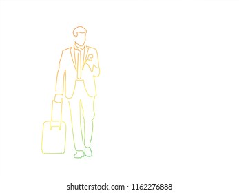 Man with a suitcase using a smartphone colored line drawing, vector illustration design. People collection.